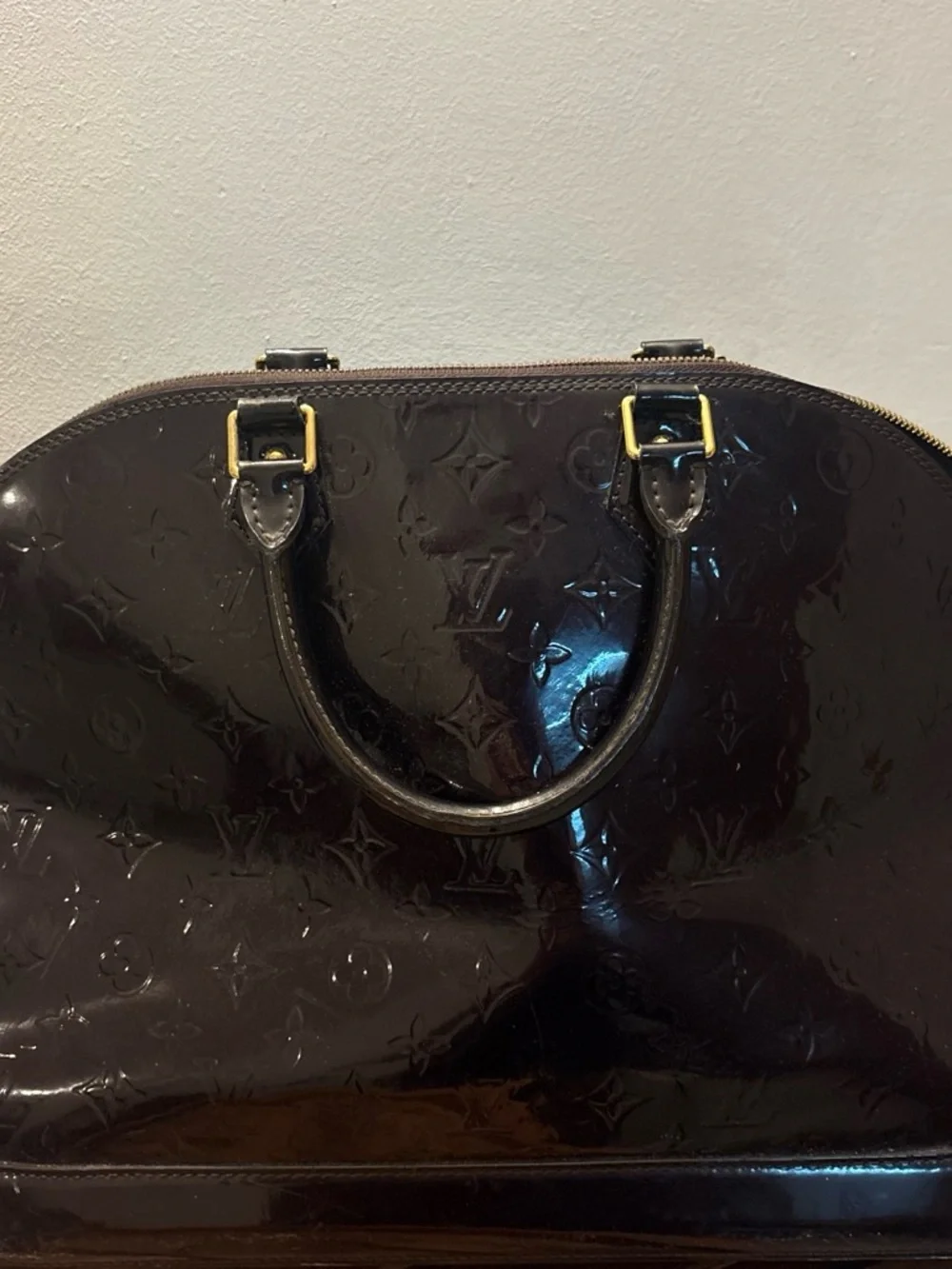 Louis Vuitton Dark Brown Vernis Alma Satchel with Gold-Tone Hardware